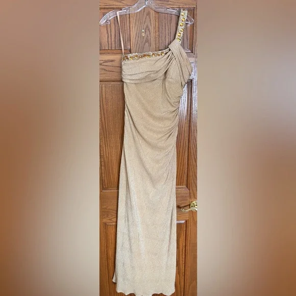 Cache Gold One-Shoulder Prom Dress - Picture 1 of 2
